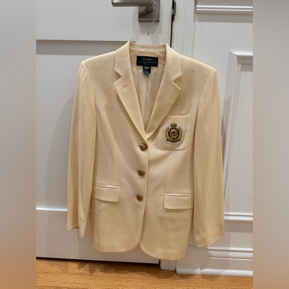 Vintage Lauren Ralph Lauren Ivory Cream Blazer Size 4 Petite Gold Logo America